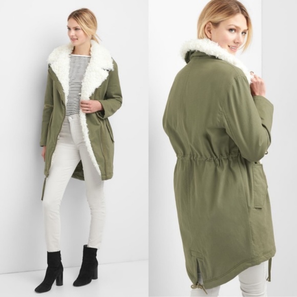 GAP Jackets & Blazers - NEW Army Green Sherpa Anorak Parka Jacket Faux Fur